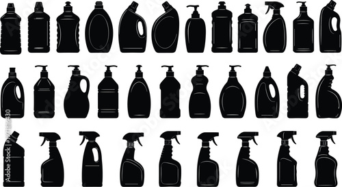 cleaning product bottle silhouettes, household detergent containers, spray bottles collection, plastic packaging shapes, black vector set, hygiene product design