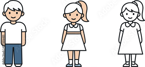 Children Character Illustration Set Featuring Boy and Girl Avatars in Flat Line Style for Education, School, Kids Profile, and Cartoon Design