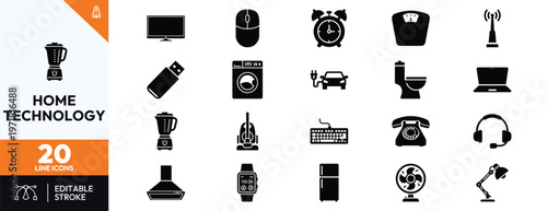 Comprehensive collection of twenty black home technology and domestic appliance icons featuring kitchen tools office electronics household devices and smart gadgets for web and mobile design