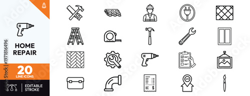 Comprehensive collection of home repair and renovation line icons featuring tools like hammer, drill, wrench, ladder, and equipment for plumbing, flooring, roofing, and general maintenance.