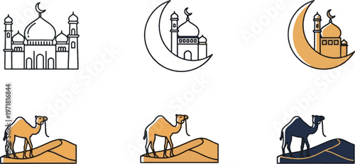 Islamic culture icon set with mosque crescent moon and camel in desert dunes outline style