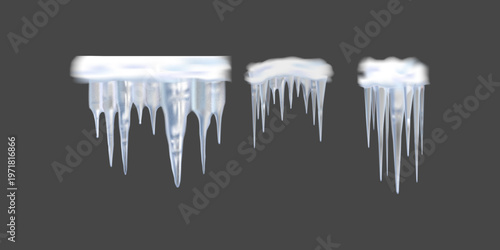 Icicles 3d realistic set collection of frozen ice dripping elements winter decoration assets with detailed rendering for cold seasonal backgrounds and creative design