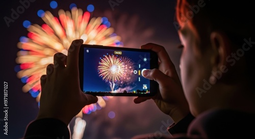 Person capturing vibrant fireworks display with smartphone at night.