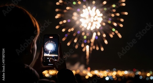 Person capturing vibrant fireworks display with smartphone at night.