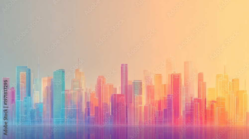 Fototapeta premium Colorful city skyline at dawn or dusk