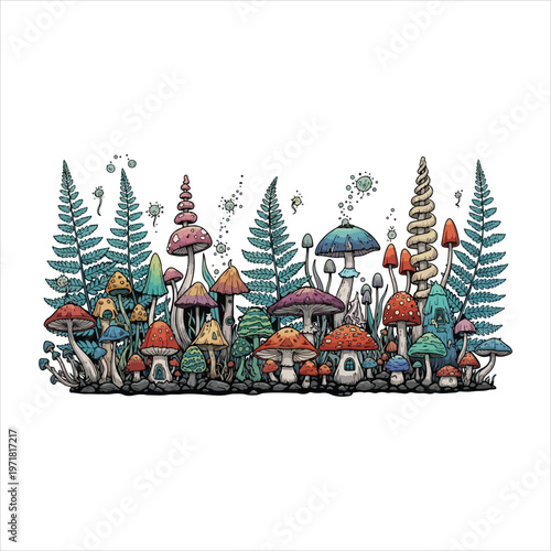 Whimsical fantasy village nestled among tall evergreen trees in a vibrant colorful landscape