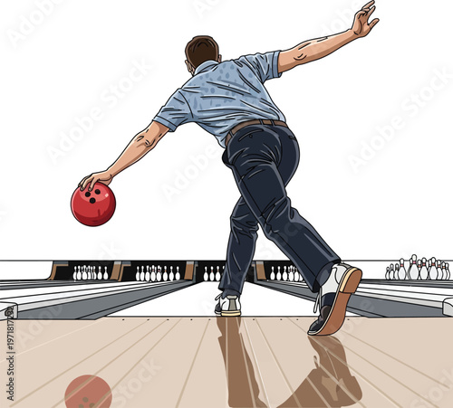 A man bowling captured in a dynamic action pose throwing a red ball down the alley illustrating sports and recreational activities