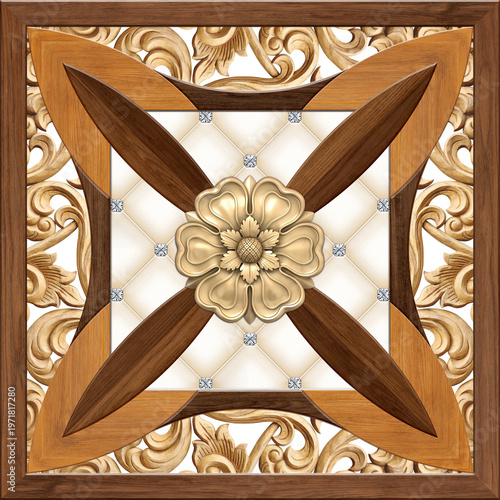 Photography decorative tile design for floors with unique ornaments in the form of wood carv