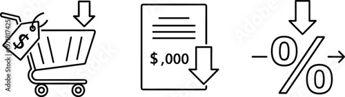 Shopping Discount and Price Reduction Icon Set Featuring Cart Purchase, Invoice Decrease, and Percentage Drop Symbols for Retail, Sales, and E Commerce Design