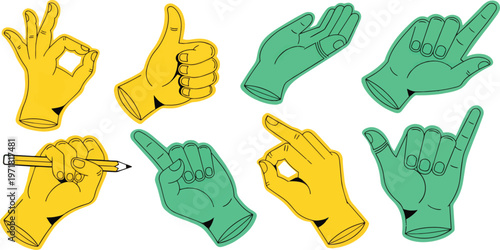 Yellow and green hand gestures with pencil thumbs up