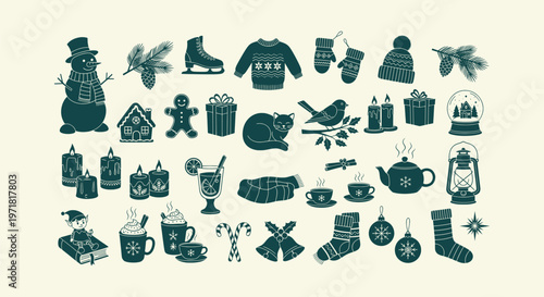 Winter and Christmas Silhouette Icon Set with Snowman Gingerbread House Gifts and Cozy Elements.