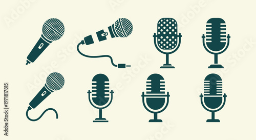 Collection of Vintage and Modern Microphone Icons for Podcast Radio and Audio Recording Studio.