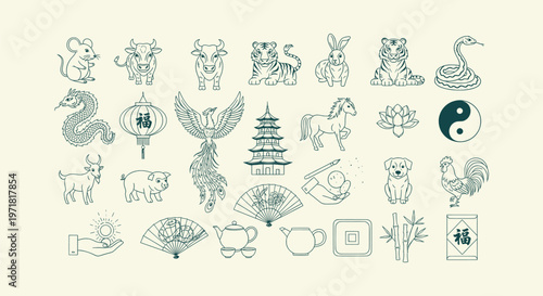 Collection of Chinese Zodiac and Cultural Line Art Icons including Dragon Tiger Phoenix Pagoda