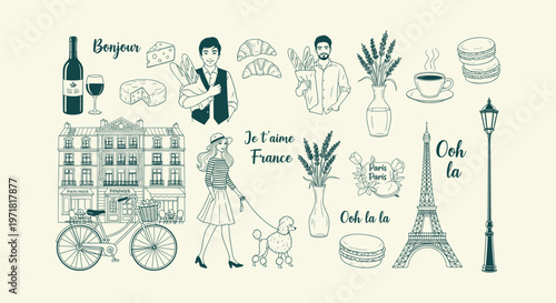 Paris France Travel Icons Set with Eiffel Tower Baguette Wine Macarons and Hand Drawn Line Artwork