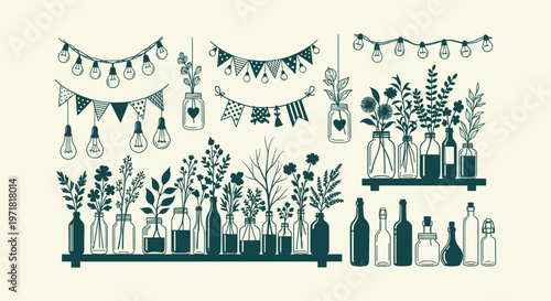 Vintage Rustic Illustration Set with Glass Jars, Plants, String Lights, and Bunting Flags Vectors.