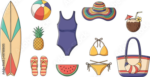 Vibrant collection of colorful summer beach vacation essentials and tropical items, including swimwear, surfboard, and refreshing fruits.