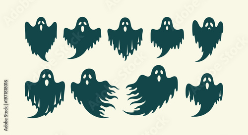 Set of Spooky Ghost Silhouettes for Halloween Decorations, Haunted Spirit Character Vector Graphics