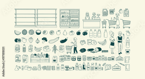 Supermarket and Grocery Store Icon Set with Food, Fruits, Vegetables, People, and Shopping Carts