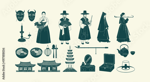 Hand Drawn Korean Tradition Vector Elements Collection with People in Hanbok Masks and Architecture