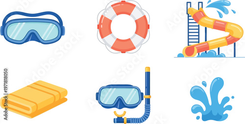 A vibrant collection of essential swimming and water activity items, perfect for summer fun and recreation.