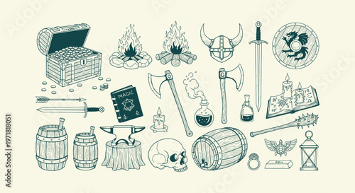 Hand Drawn Fantasy RPG Game Assets Medieval Equipment Vector Set with Weapons Magic Items and Tools