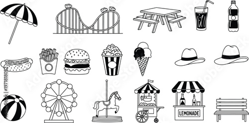 A delightful collection of amusement park and summer fair line art icons, featuring various entertainment and food items.