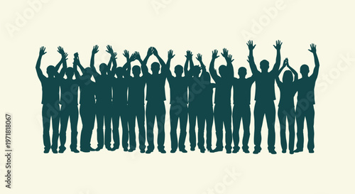 Crowd of people silhouettes with hands up celebrating success teamwork and unity on light background