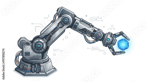 Industrial robotic arm with blue light.