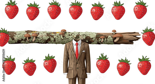 Surreal Illustration of a Suit, Strawberries, and Mushrooms on a Log Representing Unconventional Nature and Fashion Fusion
