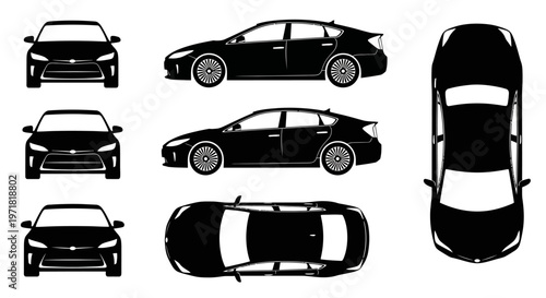 Car Silhouettes: Front, Side, and Top Views - Black and White Vector Graphics