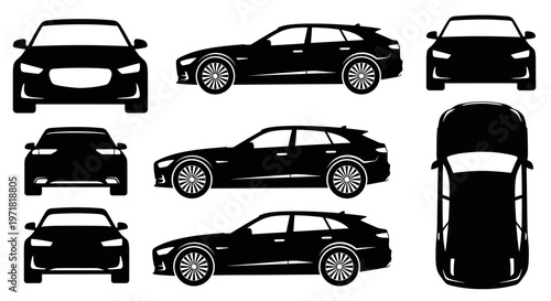 Car Silhouettes: Front, Side, and Top Views of a Modern Station Wagon