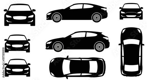 Car Silhouettes: Front, Side, and Top Views of Modern Automobiles