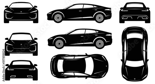 Car Silhouettes: Front, Side, and Top Views of Modern Sedan