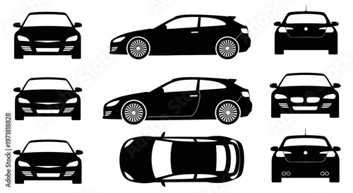 Car Silhouettes: Front, Side, and Top Views of Modern Hatchback