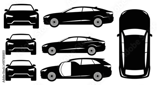 Car Silhouettes: Front, Side, and Top Views of Modern Vehicles