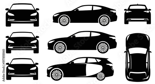 Car Silhouettes: Front, Side, and Top Views of Sedans and Wagons