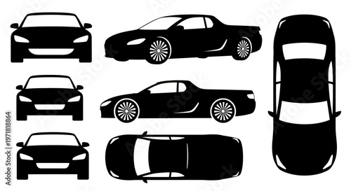 Car Silhouettes: Front, Side, and Top Views of Sports and Sedan Models