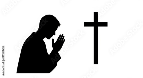 Faith and Prayer: Man Silhouette Before Christian Cross