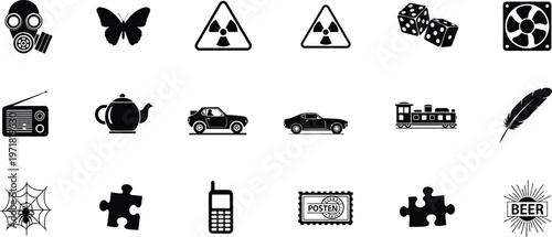Black silhouette miscellaneous icon set showing gas mask butterfly radiation warning dice fan radio teapot car train feather and puzzle
