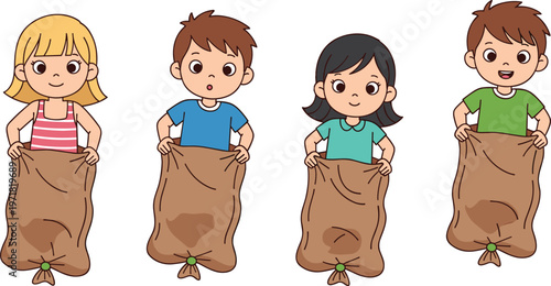 Cute kids sack race character set showing children jumping in potato sacks playing classic outdoor lawn game at birthday party