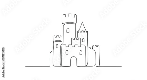 Minimalist single line drawing of a majestic castle with towers and battlements on a white background