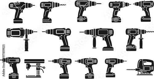 Power drill icon set showing black silhouette of electric screwdriver hammer drill impact wrench jigsaw and benchtop drill press machine