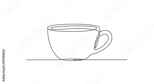 Minimalist single line drawing of a coffee cup on a white background, elegant and simple.