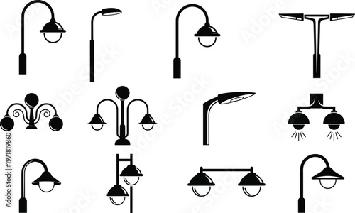 Street lamp icon set showing black silhouette of outdoor lighting fixtures city lamp post vintage lantern and modern led streetlight