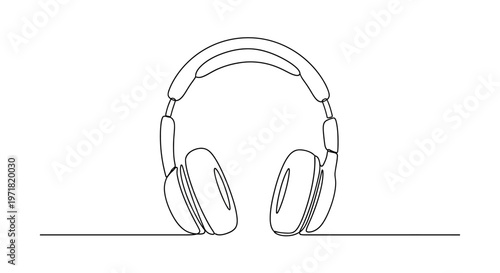 Minimalist single line drawing of headphones on a white background, concept of music and sound