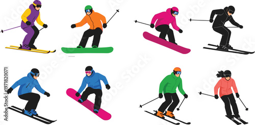 Winter sports athletes set featuring skiers and snowboarders in colorful flat style, action poses collection for skiing, snowboarding and outdoor activity design