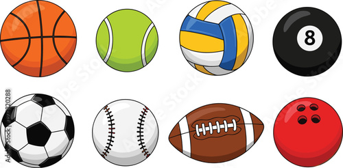 Set of sports balls icons including basketball, tennis, volleyball, billiard, soccer, baseball, American football and cricket ball in flat vector style isolated