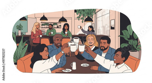 Group of diverse friends toasting with coffee mugs in a cozy cafe setting flat style vector illustration