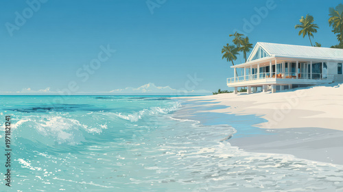 Coastal Paradise: An idyllic coastal scene of a luxurious house near the shore. With the endless sea of crystal-clear turquoise waters lapping the sandy shore.