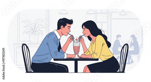 Flat vector illustration of young couple on romantic date sitting in cafe drinking milkshake together through two straws in a cozy atmosphere